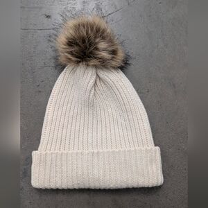 Banana Republic Cream Knit Hat with Faux Fur Pom
